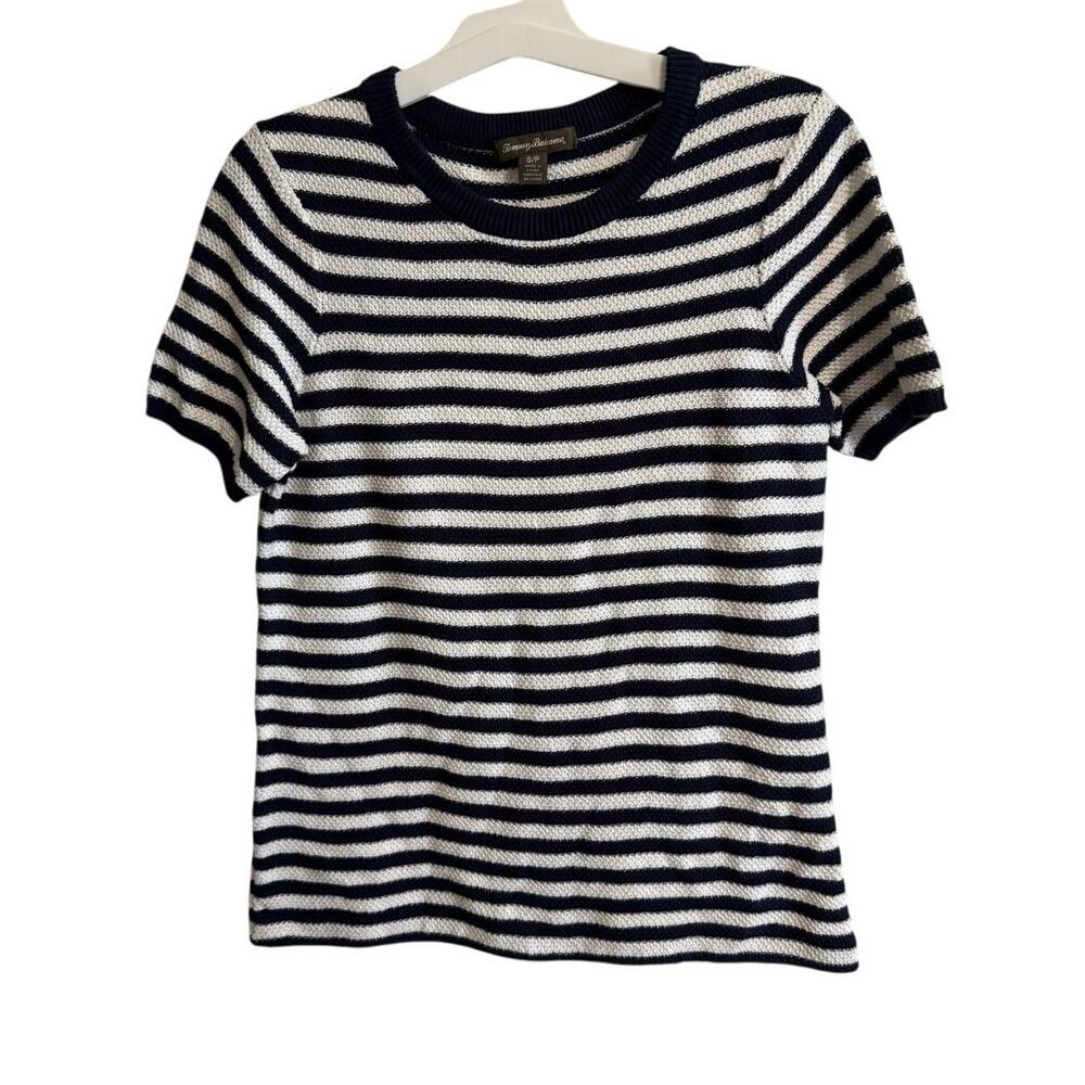 Tommy Bahama White and Navy Striped Short Sleeve Shirt 100% Cotton